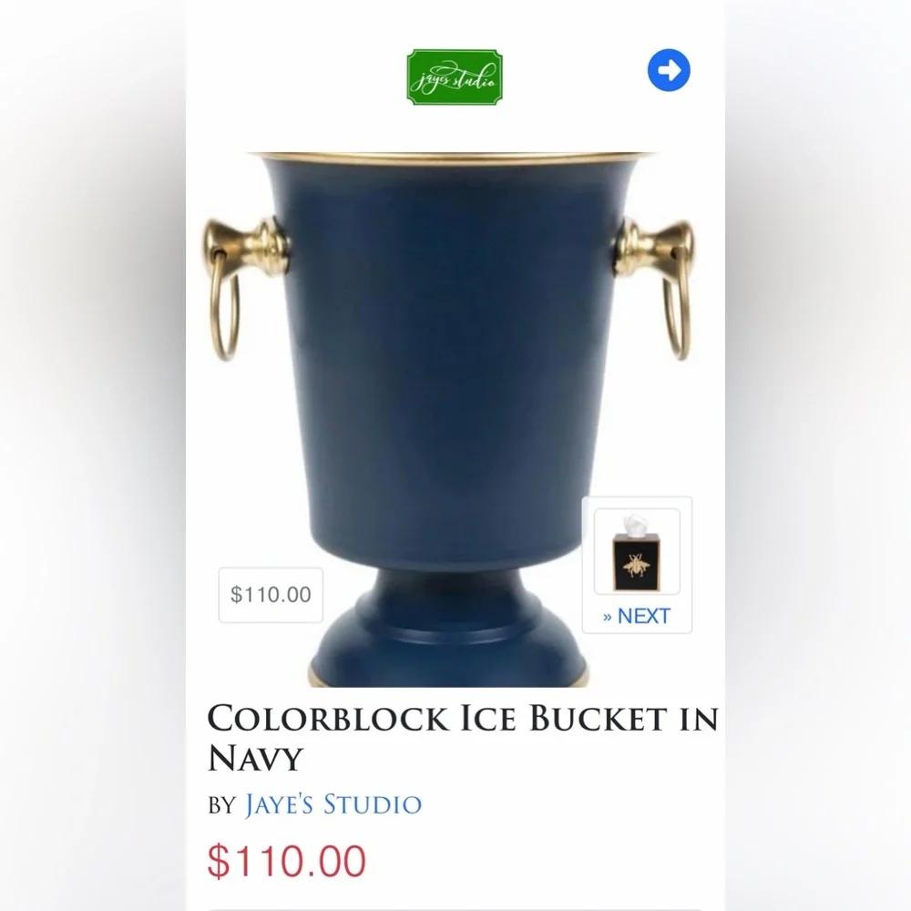 Jaye’s Studio Ice Bucket Colorblock Navy Blue Gold Handle Heavy Base Luxury Home